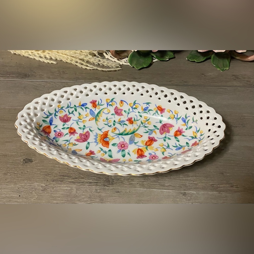 Vintage Germany Hand Painted Floral Lattice Porcelain Dish -Excellent Condition